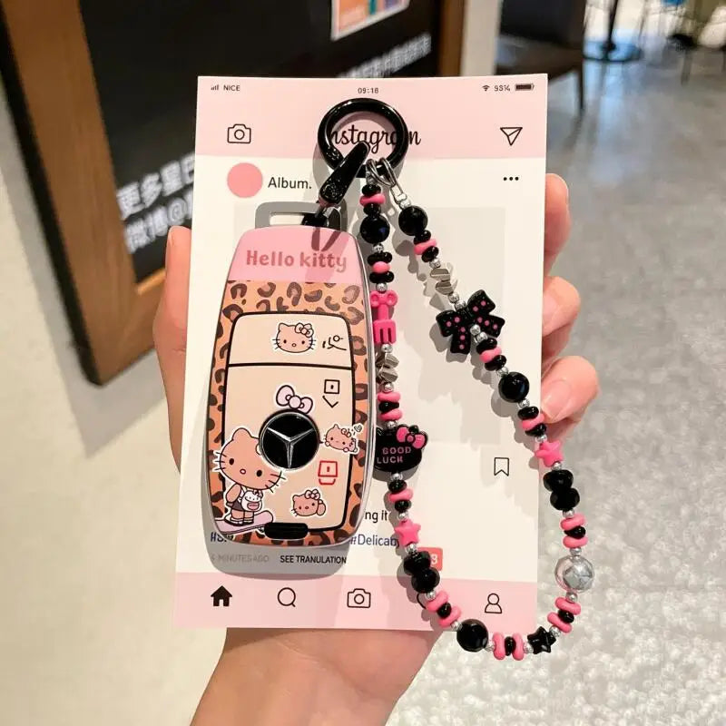 Sanrio Car Key Shell Leopard Print Key Storage Hello Kitty Leopard Print Cartoon Key Chain Cute Car Decoration Accessories Gift