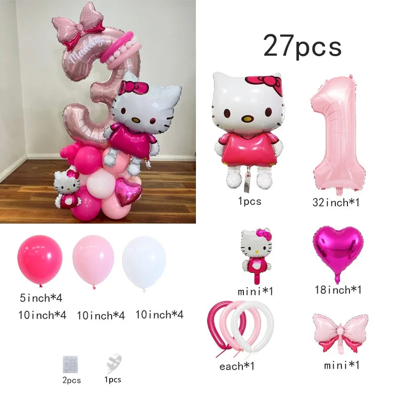 Hello Kitty Number Foil Balloon Set, Cute Cartoon Bubble Mart, Kids Birthday Party Decoration, Room Decor