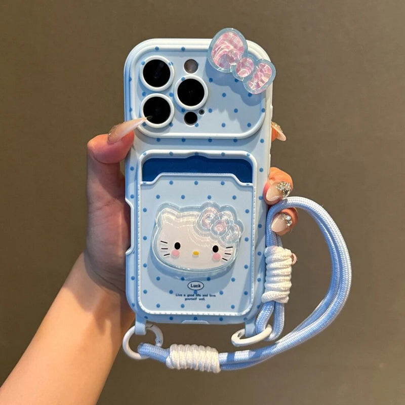 Kawaii Hello Kitty 3D Bow Phone Case with Card Holder & Lanyard – Protective Cover for iPhone 11, 12, 13, 14, 15, 16 & 17 Pro Max