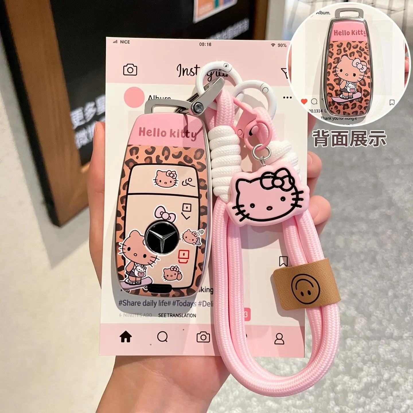 Sanrio Car Key Shell Leopard Print Key Storage Hello Kitty Leopard Print Cartoon Key Chain Cute Car Decoration Accessories Gift