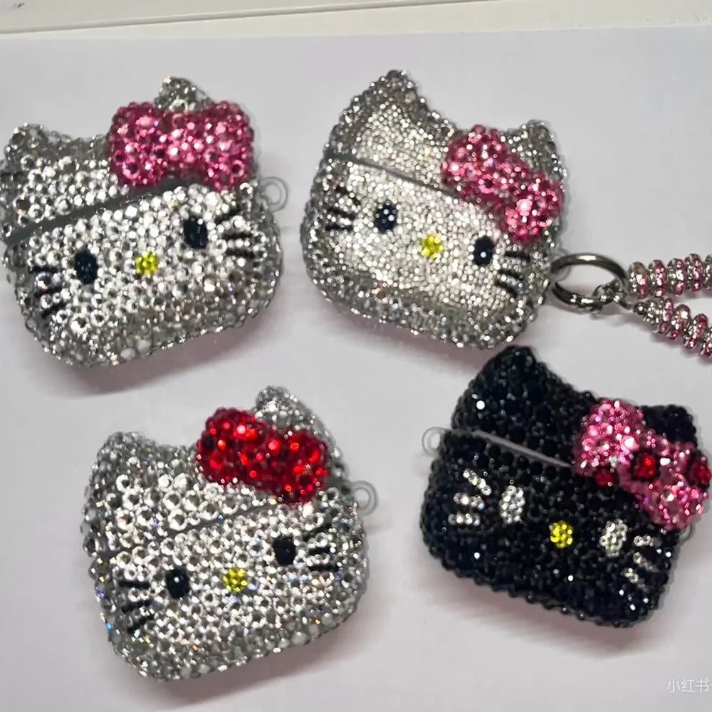 Hello Kitty Rhinestone Bling AirPods Case – Crystal Protective Cover with Keychain for AirPods Pro & AirPods