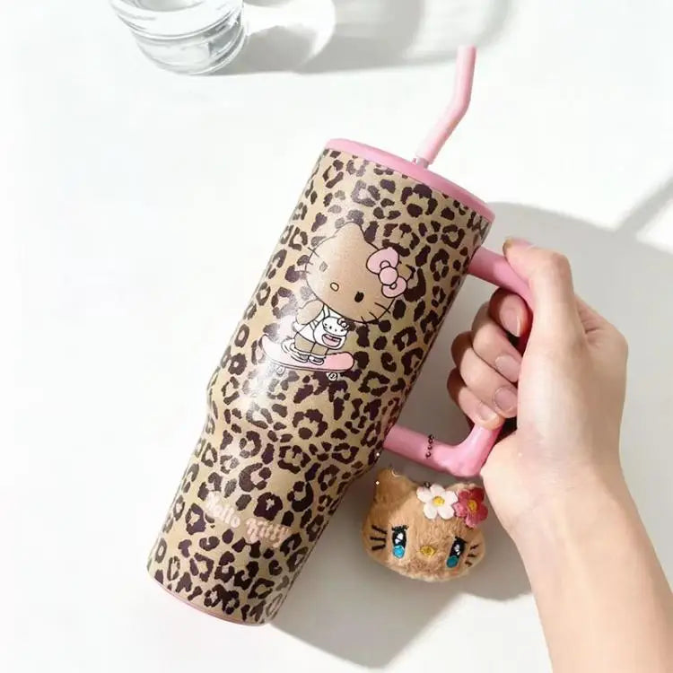 Hello Kitty Leopard Print Straw Thermos Water Bottle – Stainless Steel Insulated Cold Cup – Travel Sports Tumbler for Girls Birthday Gift.