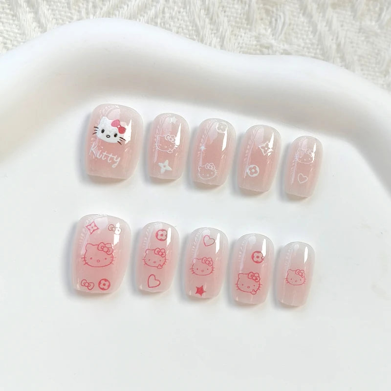 10Pcs Hello Kitty Press-On Nails – Cat Eye French Short False Nails – Handmade Wearable Manicure Nail Tips Set for Girls