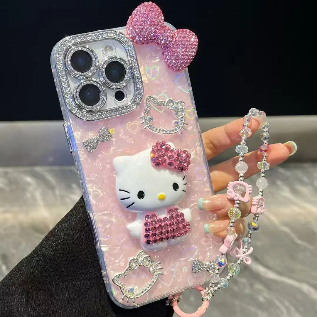 3D Hello Kitty Bling Glitter Phone Case – Sparkly Hard Protective Cover for iPhone 11, 12, 13, 14, 15, 16 & 17 Pro Max