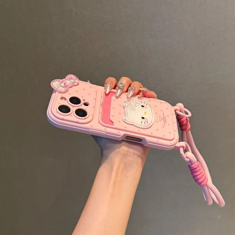 Kawaii Hello Kitty 3D Bow Phone Case with Card Holder & Lanyard – Protective Cover for iPhone 11, 12, 13, 14, 15, 16 & 17 Pro Max