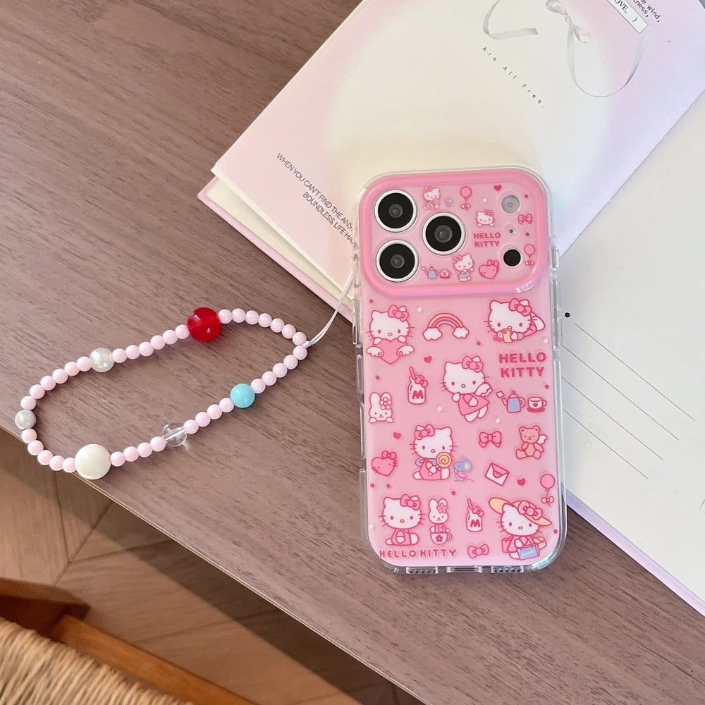 Cute Hello Kitty Illustration Phone Case with Lanyard – Shockproof Hard Cover for iPhone 13, 14, 15, 16 & 17 Pro Max