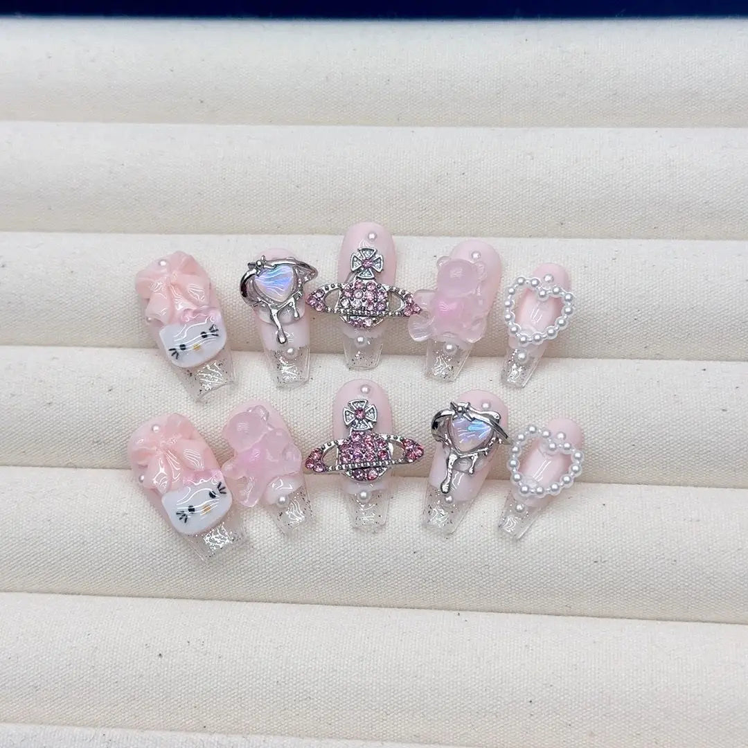 Hello Kitty Handmade Press-On Nails – Pink My Melody & Cinnamoroll Anime Nails – Detachable 3D Nail Art Decoration Set