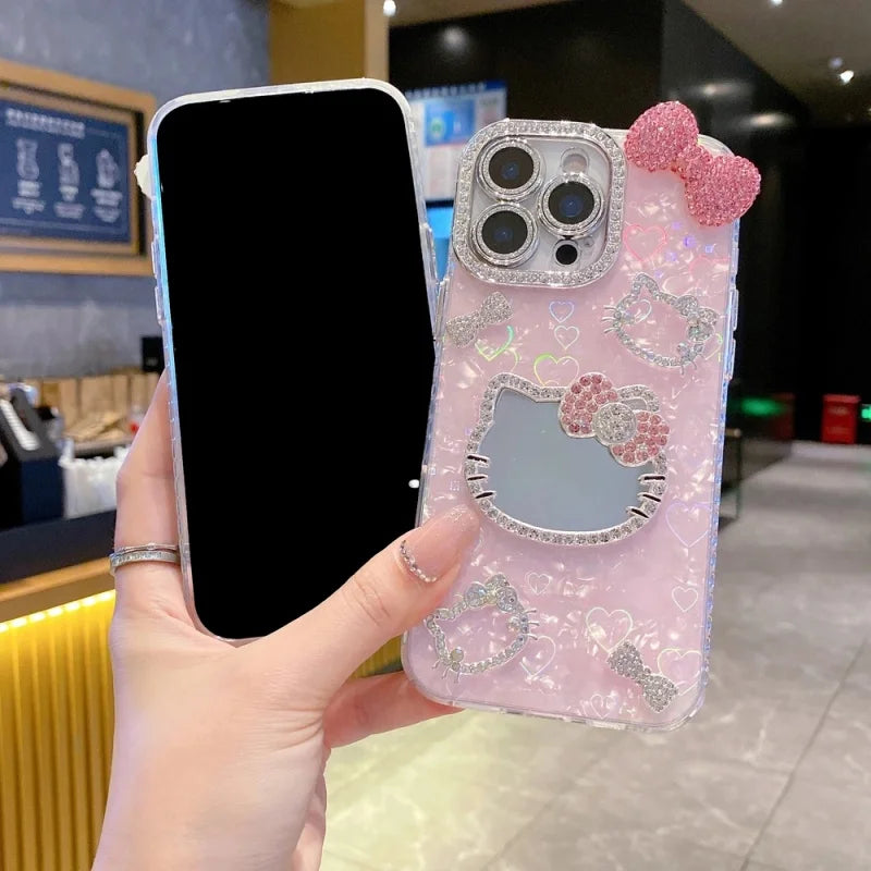 Luxury Makeup Mirror Glitter 3D Cute Cartoon Hello Kitty Sparkling Phone Case For iPhone12 13 14 15 16 17 Pro Max Plus Cover