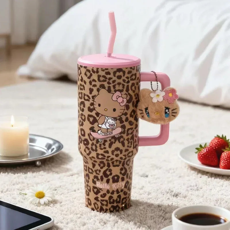 Hello Kitty Leopard Print Straw Thermos Water Bottle – Stainless Steel Insulated Cold Cup – Travel Sports Tumbler for Girls Birthday Gift.