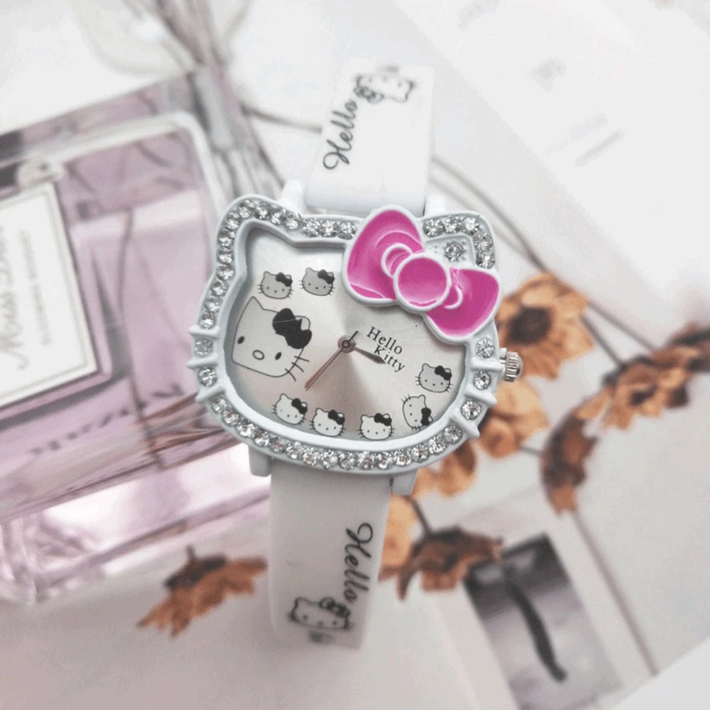 Hello Kitty Children's Cartoon Cat Head Student Electronic Silicone Diamond Bow Quartz Watch Party Kids Girls Gifts