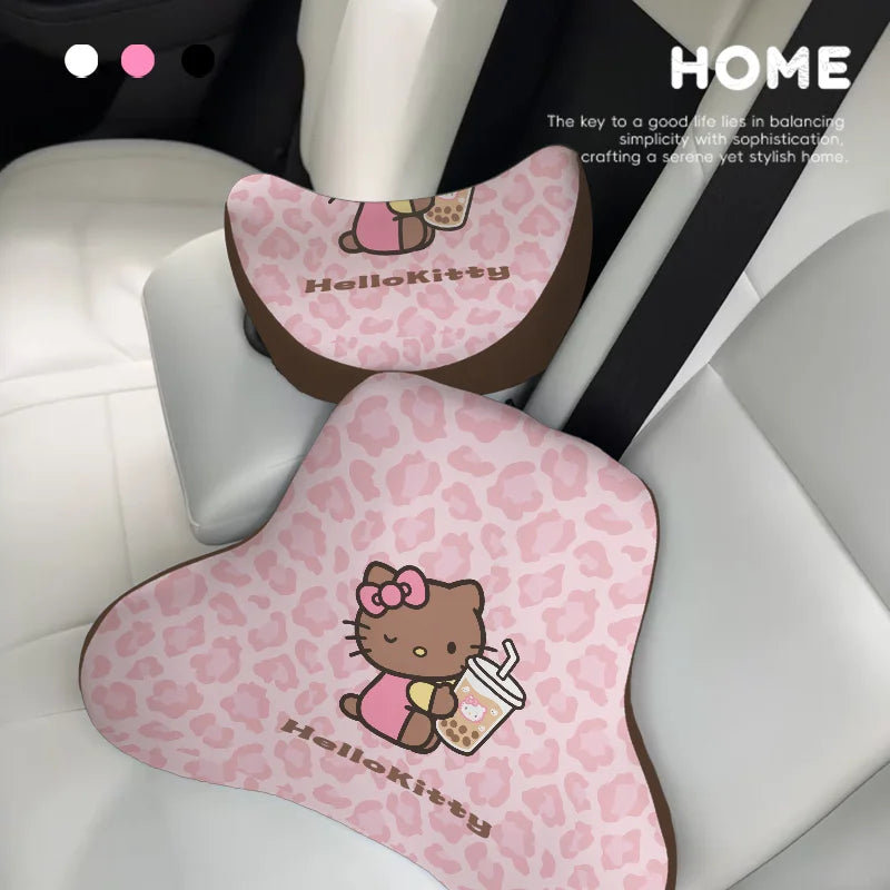 Hello Kitty Plush Car Headrest Pillow Set – Winter Warm Neck & Lumbar Support Cushion with Seat Belt Cover