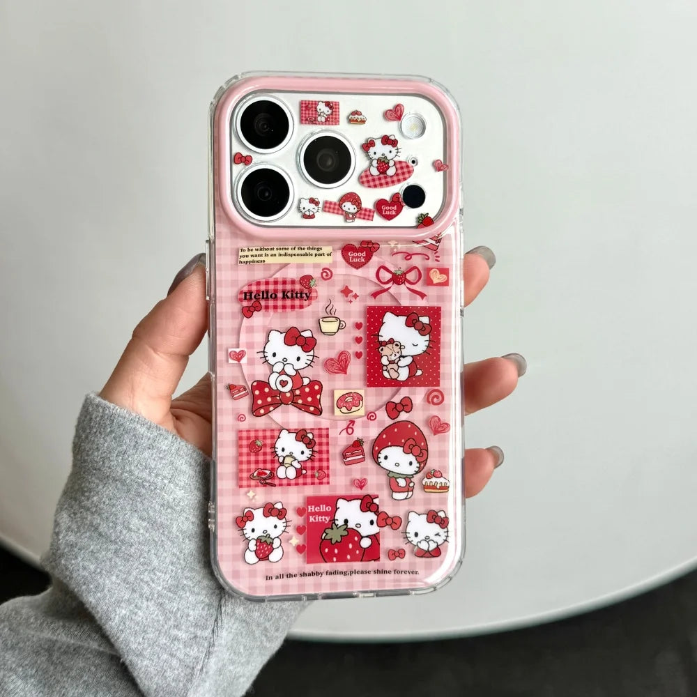 Strawberry Hello Kitty Magnetic Phone Case – Full Coverage Shockproof Protective Cover for iPhone 14, 15, 16 & 17 Pro / Pro Max