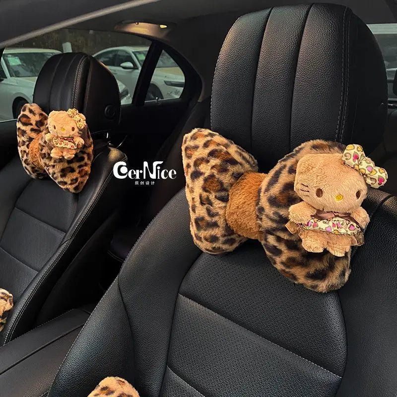 Hello Kitty Car Headrest Neck Pillow Seat Leopard Print Cushion Car Accessory for Girls Car Pillow Lumbar Support Accessories