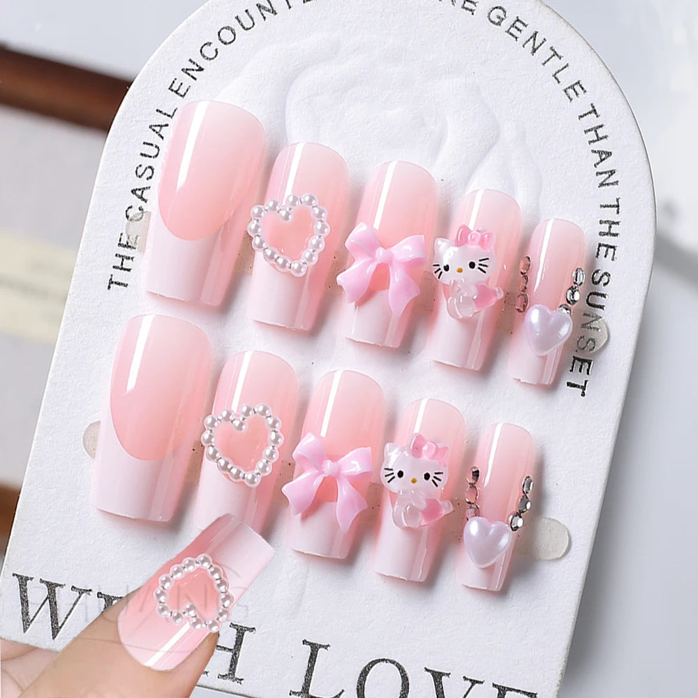 24Pcs 3D Hello Kitty Pearl Bow Press-On Nails – Medium Pink French Tip Nails – Cartoon Wearable Nail Set for Women