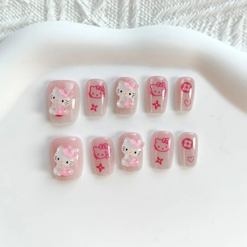 10Pcs Hello Kitty Press-On Nails – Cat Eye French Short False Nails – Handmade Wearable Manicure Nail Tips Set for Girls