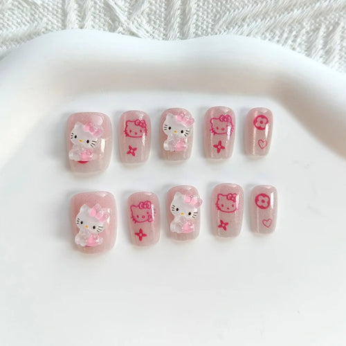 10Pcs Hello Kitty Press-On Nails – Cat Eye French Short False Nails – Handmade Wearable Manicure Nail Tips Set for Girls
