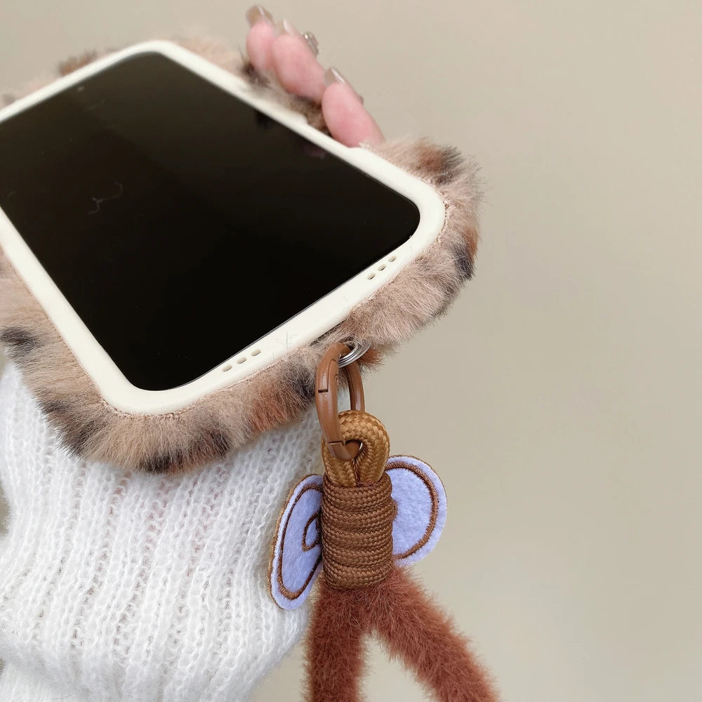 Cute Cartoon Sanrio Hello Kitty Leopard print Furry Warm Winter Plush Phone Case For iPhone 17 16 15 14 13 12 11 Pro Max Cover