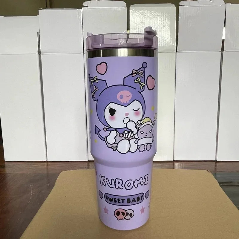 Kawaii Hello Kitty 900ML Thermos Cup Anime Sanrio Kuromi Cinnamoroll High Capacity Car Cup 304 Stainless Steel Vacuum Coffee Cup