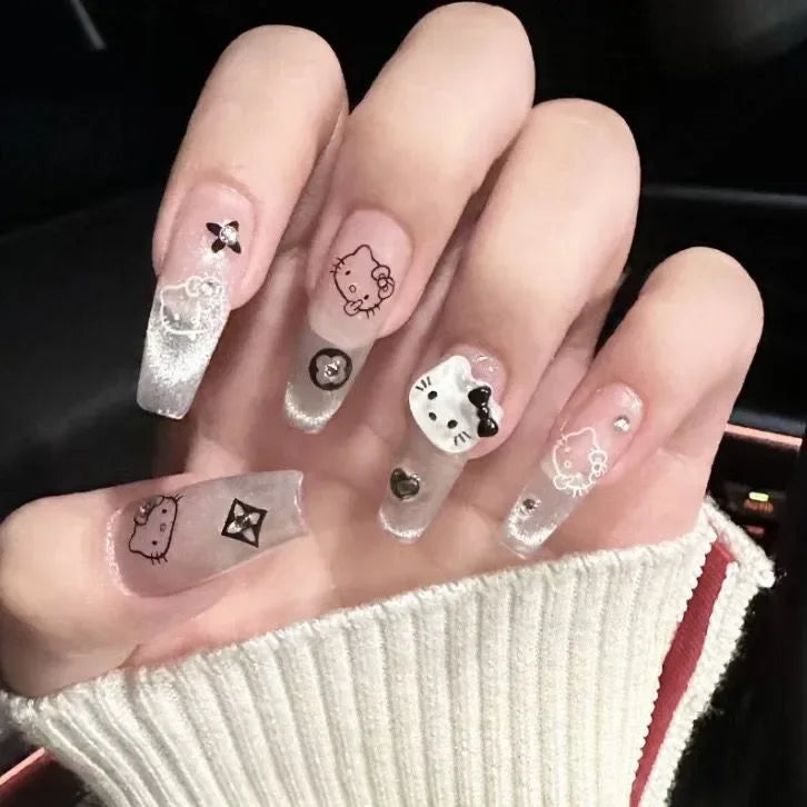 Hello Kitty Press-On Nails –  Cat Eye Shiny Wearable Nail Set – Reusable Handmade Cartoon Nail Art for Women