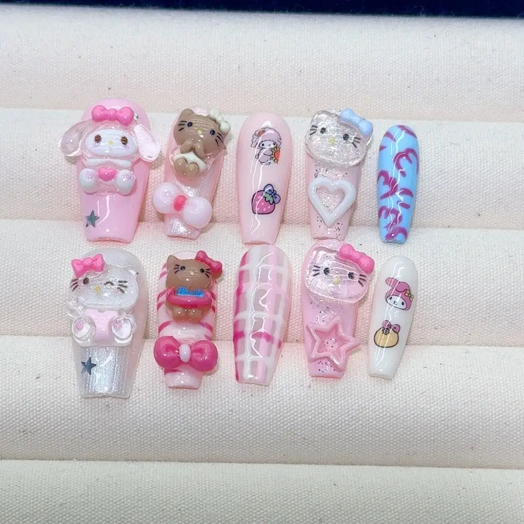 Hello Kitty Handmade Press-On Nails – Pink My Melody & Cinnamoroll Anime Nails – Detachable 3D Nail Art Decoration Set