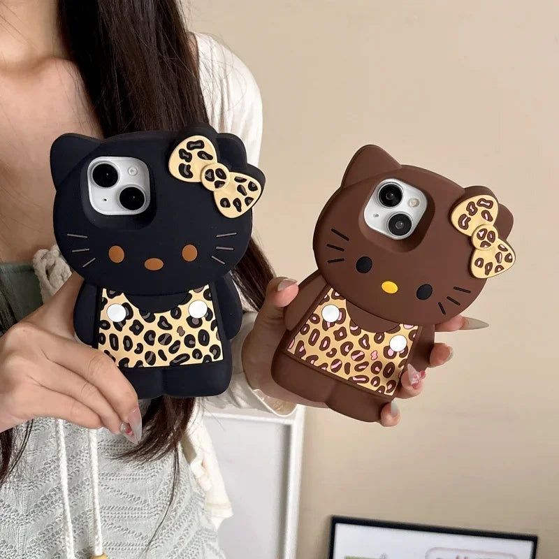 Cute 3D Hello Kitty Black Leopard Print Silicone Phone Case – Shockproof Protective Cover for iPhone 13, 14, 15, 16 & 17 Pro Max