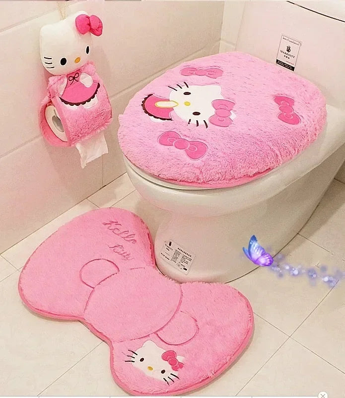 Hello Kitty 3-Piece Toilet Seat Cushion Set – Sanrio Plush Winter Bathroom Cover Set for Home Use