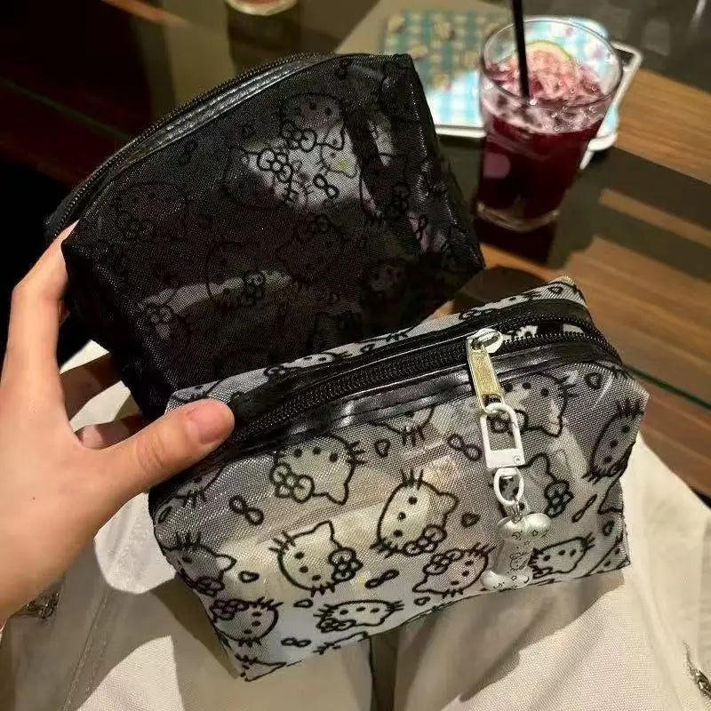 Hello Kitty Printed Transparent Mesh Makeup Bag – Large Capacity Travel Cosmetic Organizer