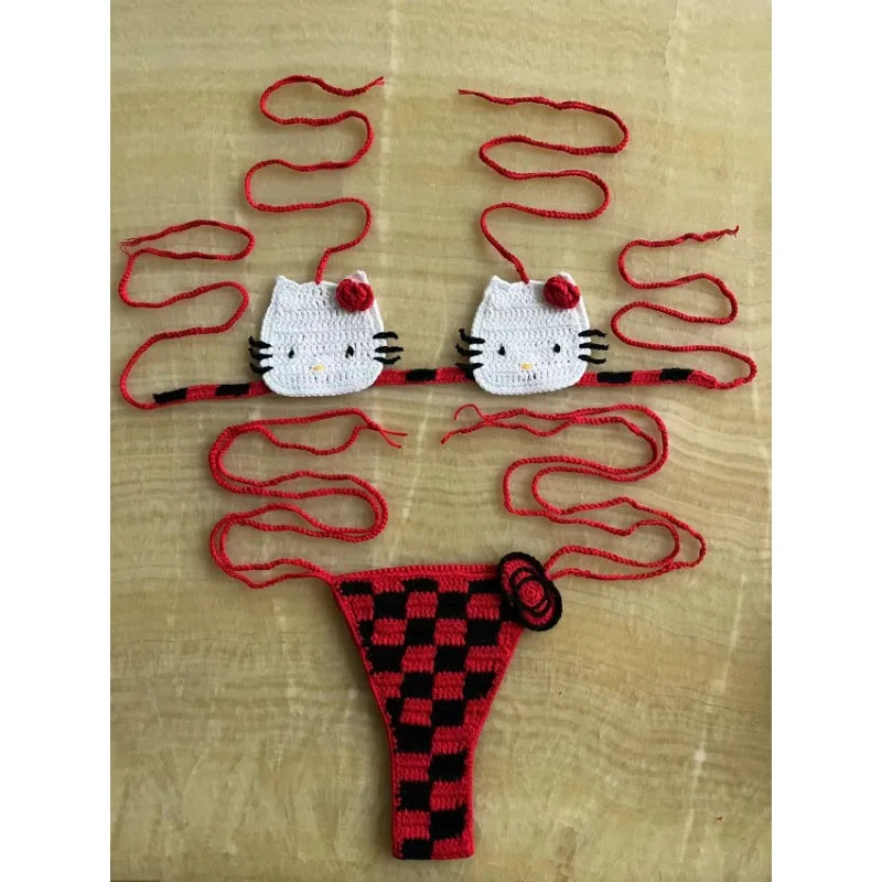 Hello Kitty Inspired Crochet Micro Bikini Set – Cute Kawaii Beachwear for Women