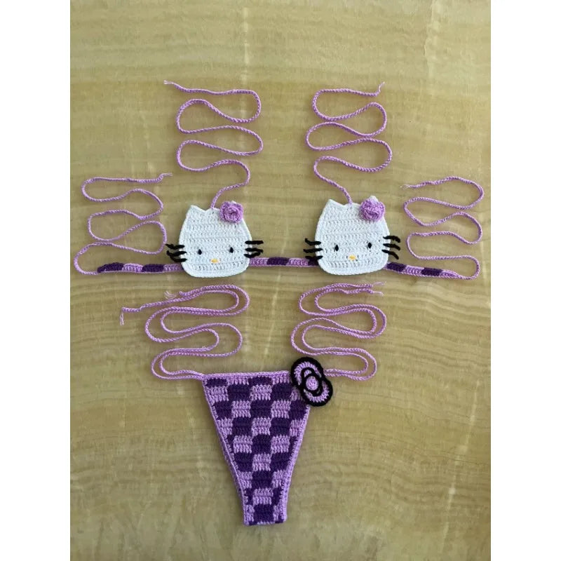 Hello Kitty Inspired Crochet Micro Bikini Set – Cute Kawaii Beachwear for Women