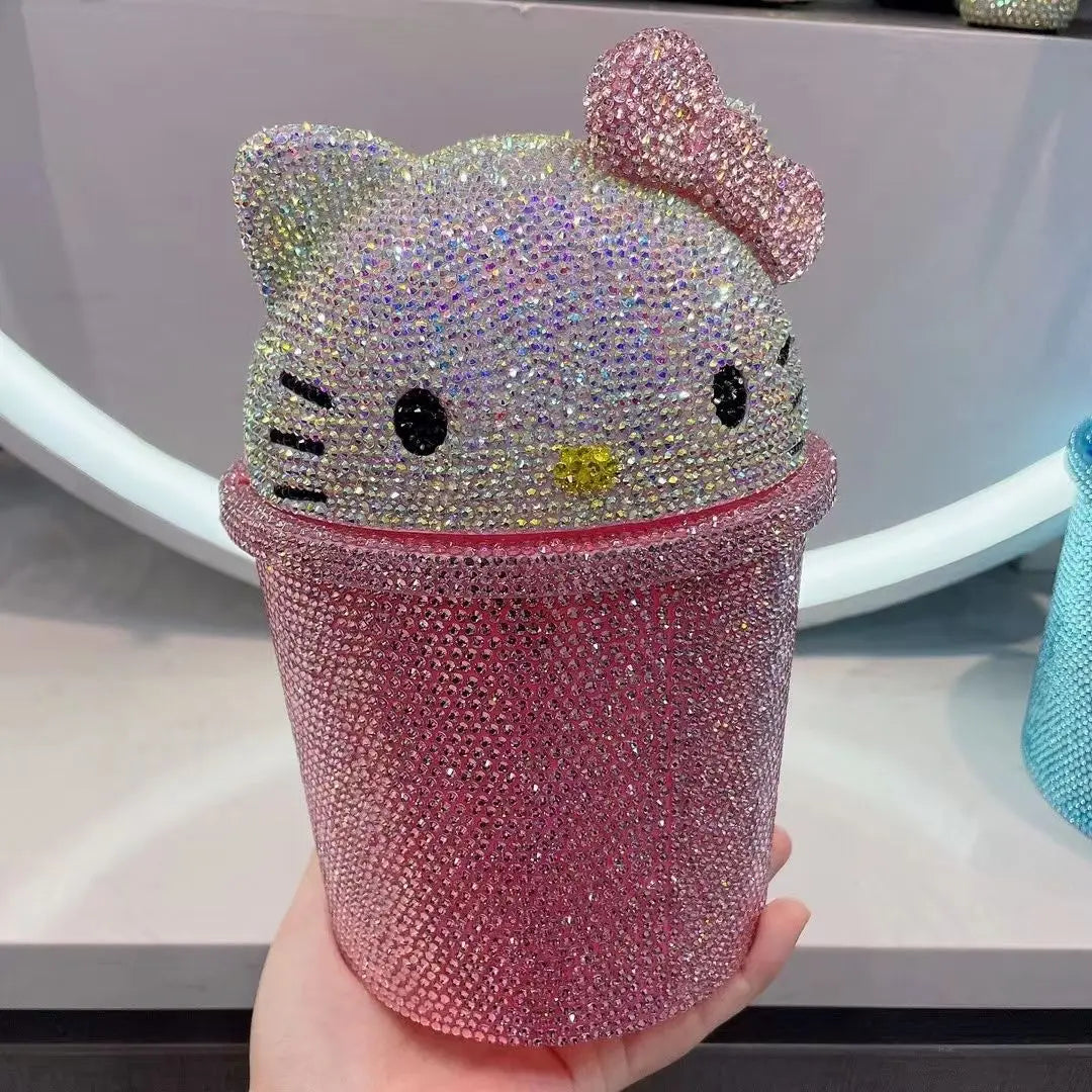 Hello Kitty Crystal Rhinestone Clamshell Dustbin – Cute Kawaii Desktop Trash Can & Storage Box for Home Decor