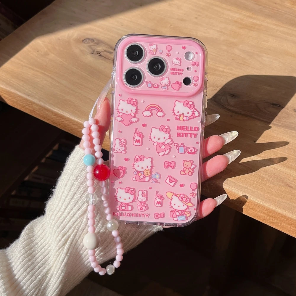 Cute Hello Kitty Illustration Phone Case with Lanyard – Shockproof Hard Cover for iPhone 13, 14, 15, 16 & 17 Pro Max