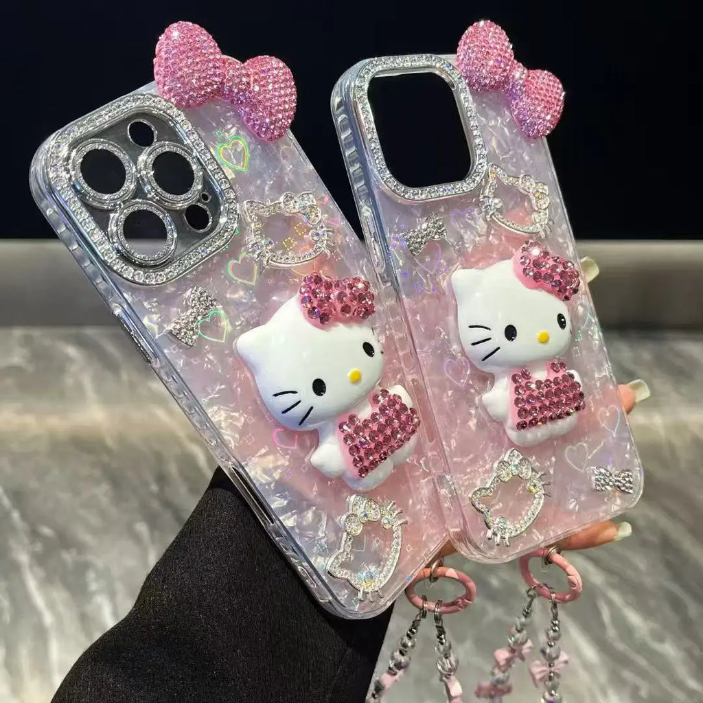 3D Hello Kitty Bling Glitter Phone Case – Sparkly Hard Protective Cover for iPhone 11, 12, 13, 14, 15, 16 & 17 Pro Max
