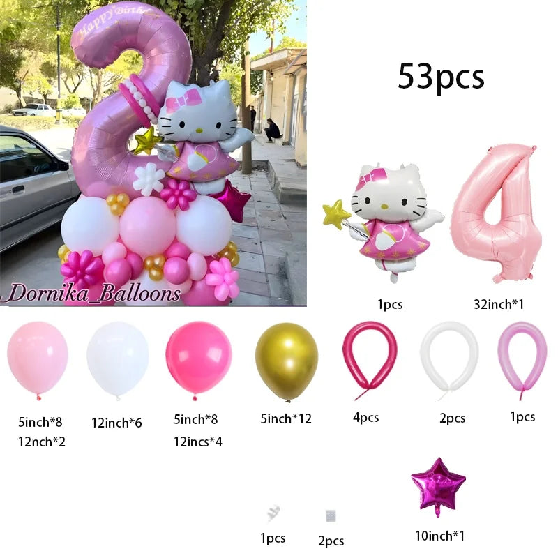 53-piece Hello Kitty-themed balloon set in pink foil and latex—perfect for baby showers, kids’ and girls’ birthdays, and holiday