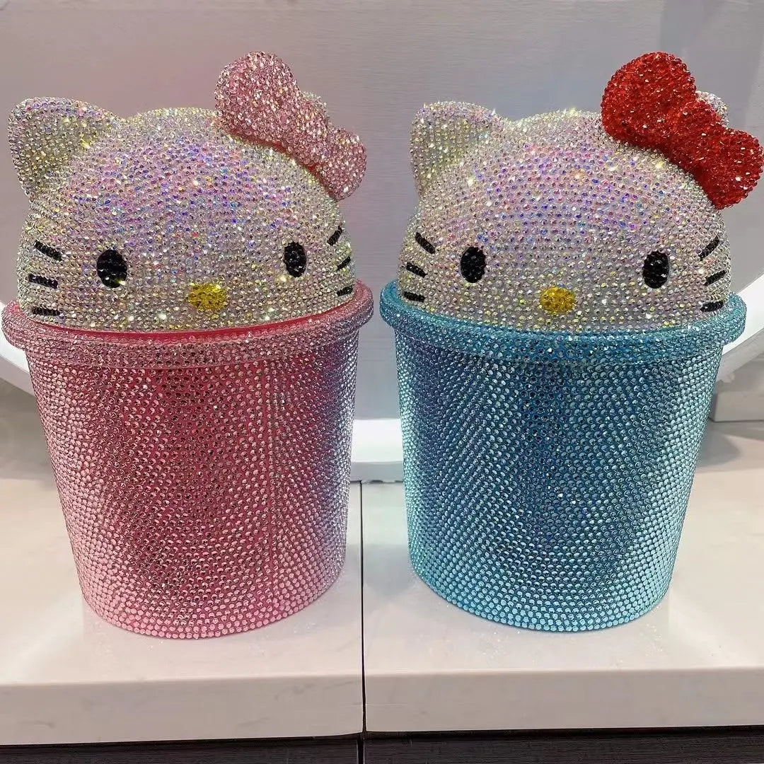 Hello Kitty Crystal Rhinestone Clamshell Dustbin – Cute Kawaii Desktop Trash Can & Storage Box for Home Decor