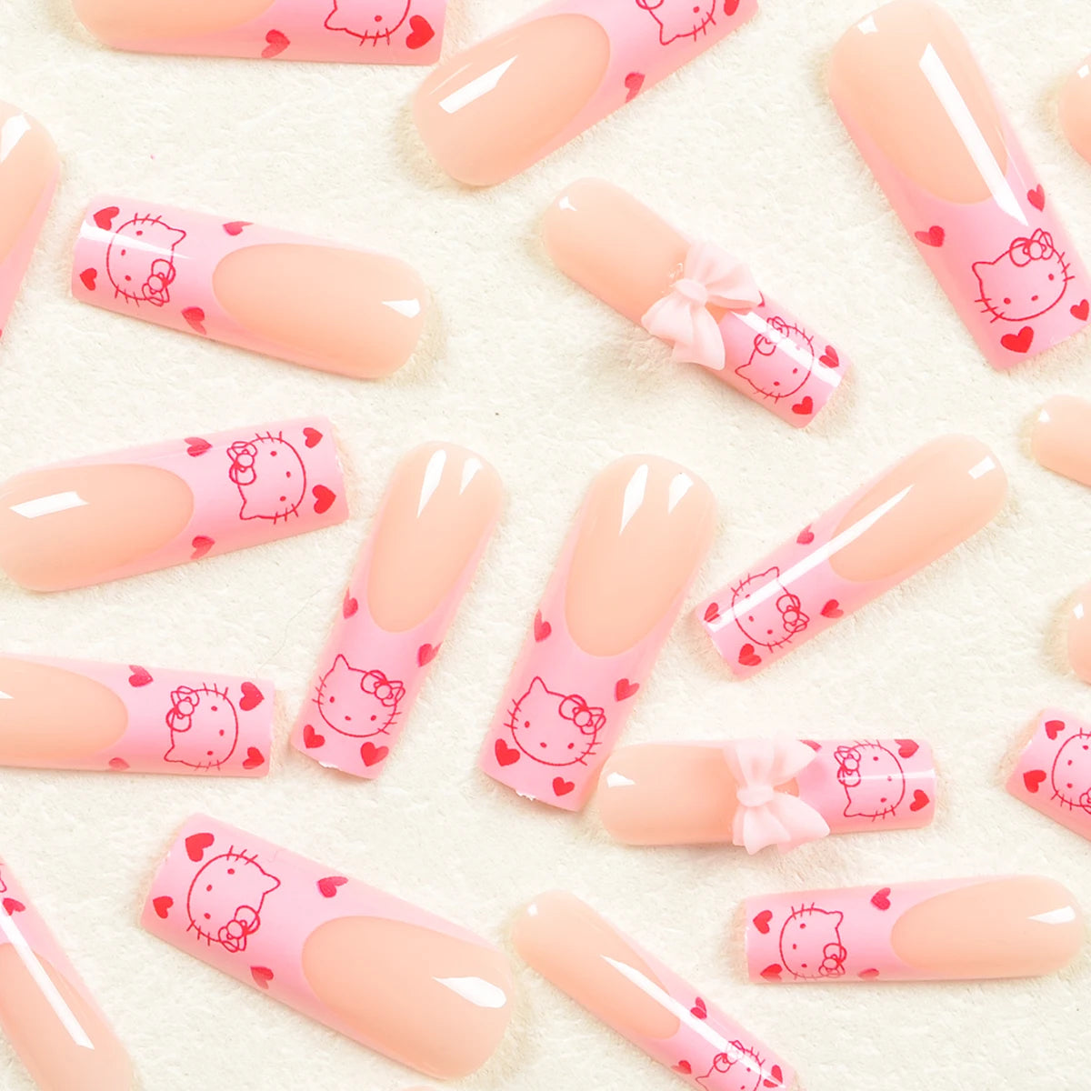 Hello Kitty 24-Piece Press-On Nails – Pink Heart & Kitty Design, Long Square Fit
