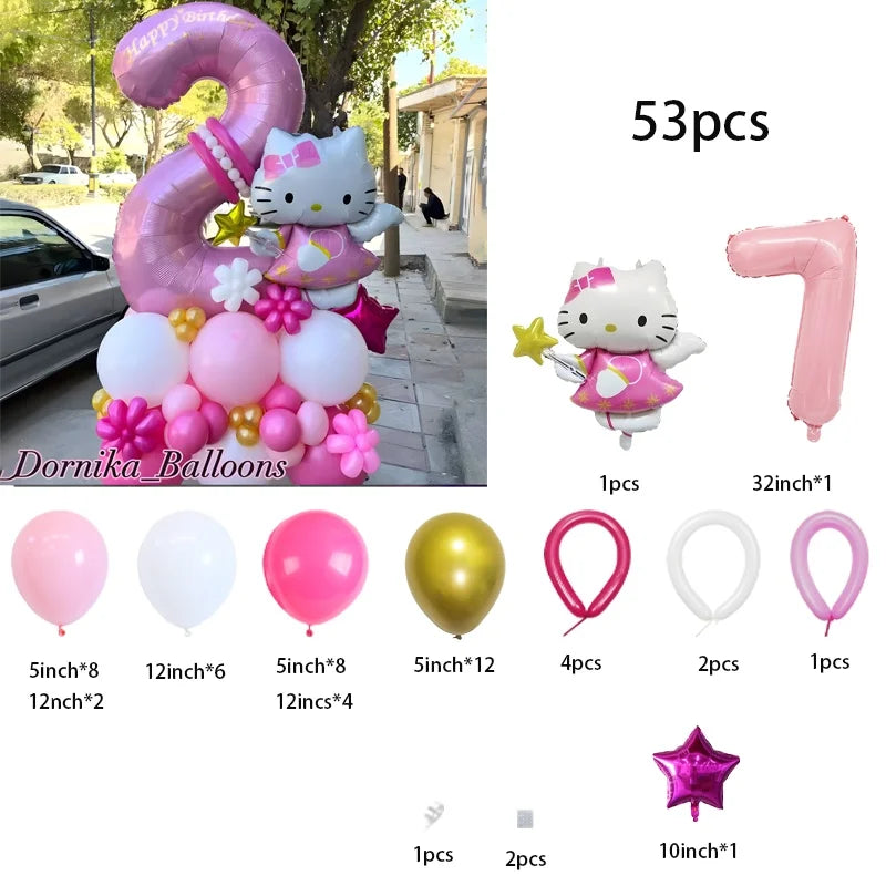 53-piece Hello Kitty-themed balloon set in pink foil and latex—perfect for baby showers, kids’ and girls’ birthdays, and holiday