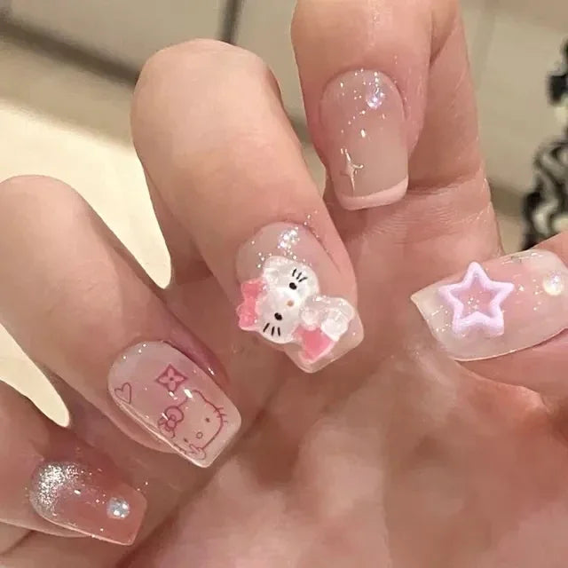 Hello Kitty Press-On Nails –  Cat Eye Shiny Wearable Nail Set – Reusable Handmade Cartoon Nail Art for Women