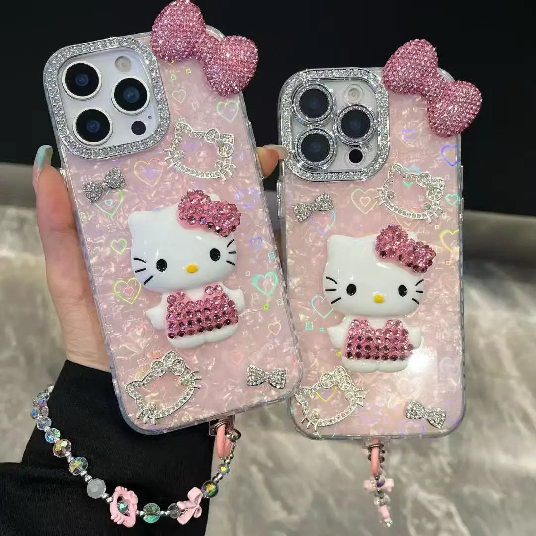 3D Hello Kitty Bling Glitter Phone Case – Sparkly Hard Protective Cover for iPhone 11, 12, 13, 14, 15, 16 & 17 Pro Max