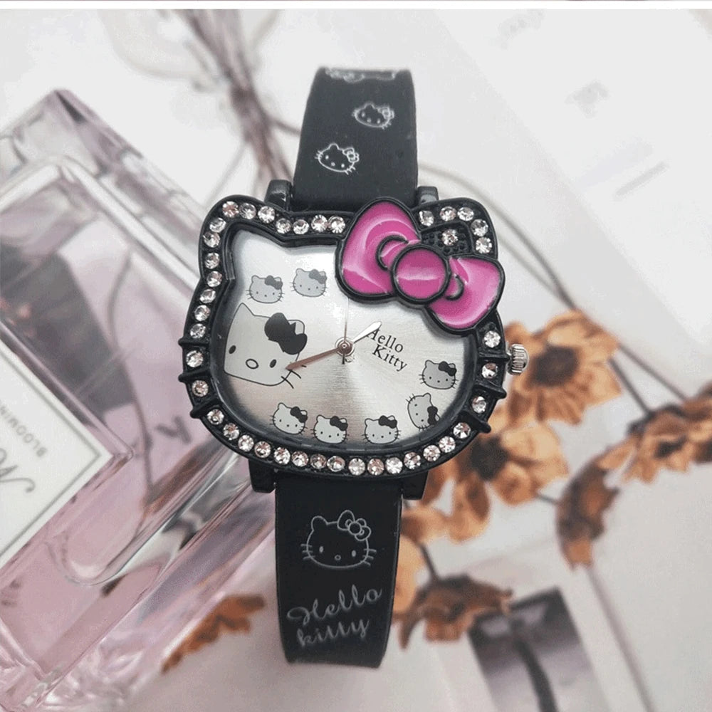 Hello Kitty Children's Cartoon Cat Head Student Electronic Silicone Diamond Bow Quartz Watch Party Kids Girls Gifts