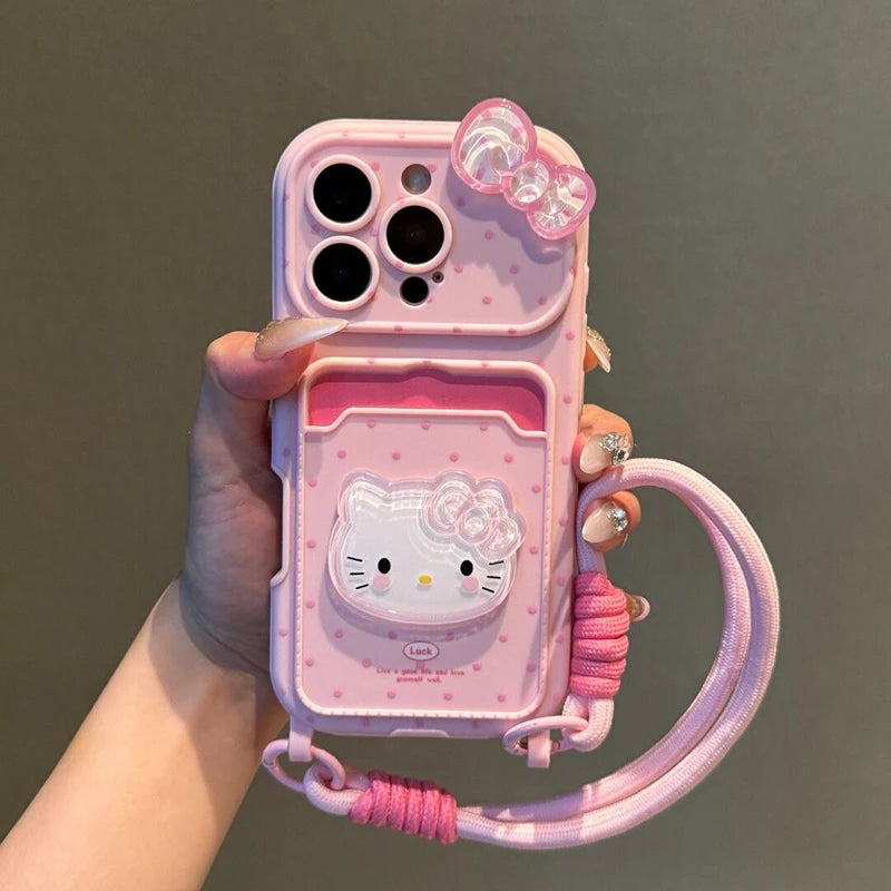 Kawaii Hello Kitty 3D Bow Phone Case with Card Holder & Lanyard – Protective Cover for iPhone 11, 12, 13, 14, 15, 16 & 17 Pro Max