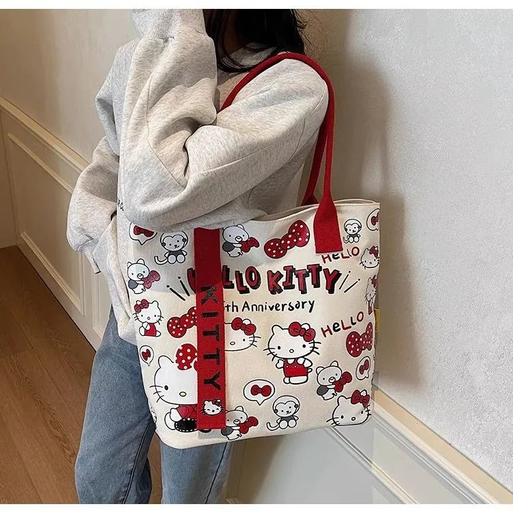 Kawaii Sanrio Hello Kitty Canvas Shoulder Bag - Large Capacity Handbag Backpack Schoolbag Gift for Girls Birthday