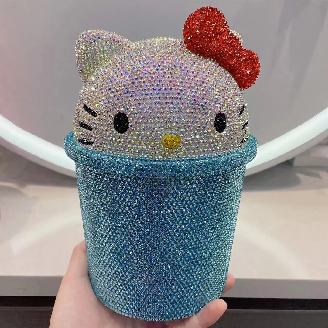 Hello Kitty Crystal Rhinestone Clamshell Dustbin – Cute Kawaii Desktop Trash Can & Storage Box for Home Decor