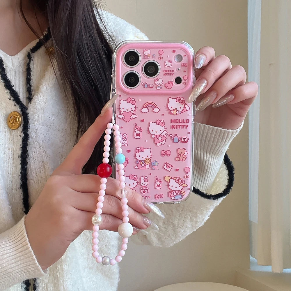 Cute Hello Kitty Illustration Phone Case with Lanyard – Shockproof Hard Cover for iPhone 13, 14, 15, 16 & 17 Pro Max