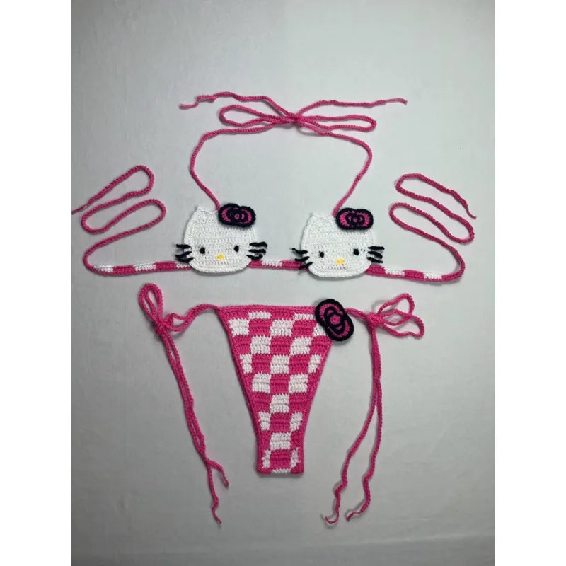 Hello Kitty Inspired Crochet Micro Bikini Set – Cute Kawaii Beachwear for Women
