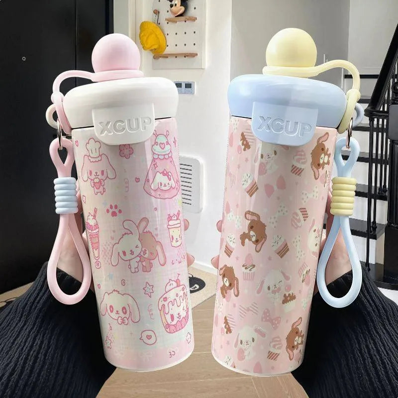 600ml Sugarbunnies Cute Cartoon Stainless Steel Floating Ball Straw Insulated Cup Large Capacity Portable Coffee Mug Plush Toys