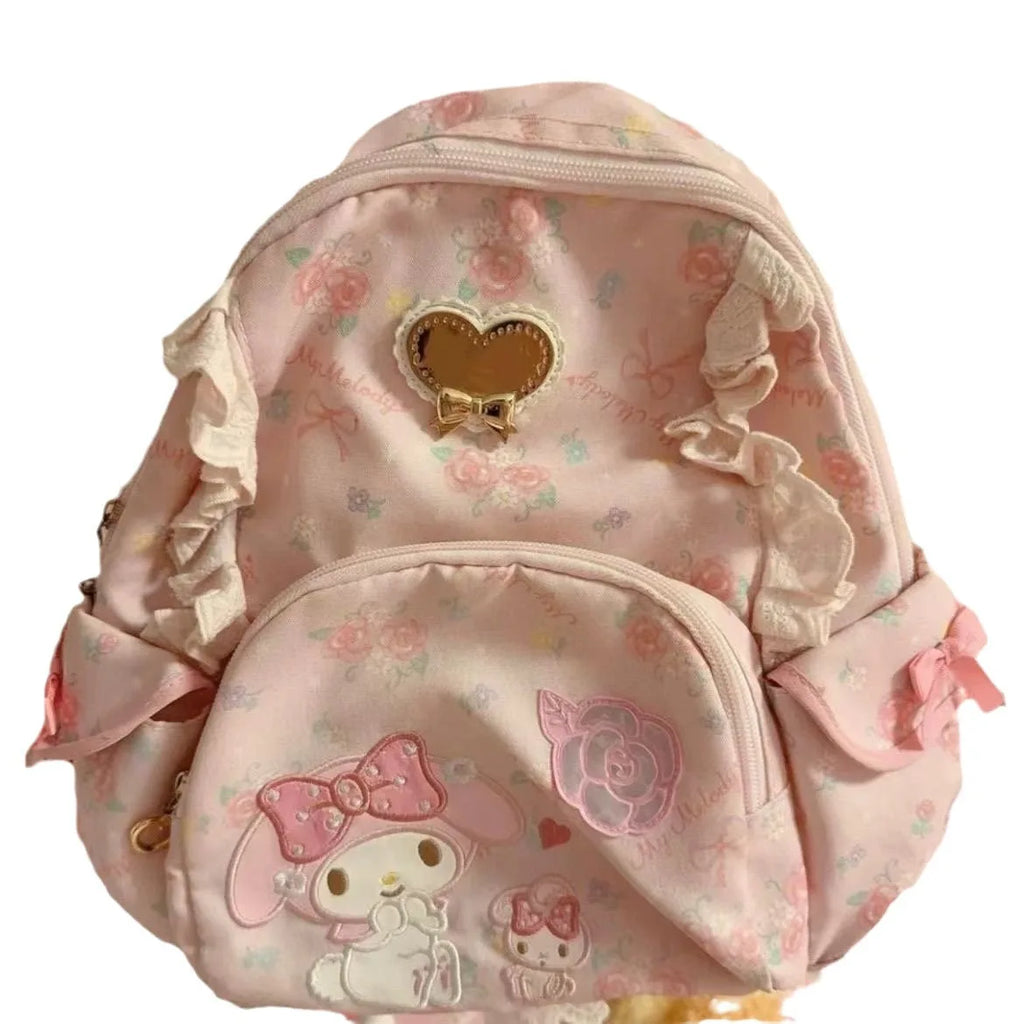 My Melody Floral Ruffle Lace Backpack – Cute Sanrio School Bag with Bow & Heart Details