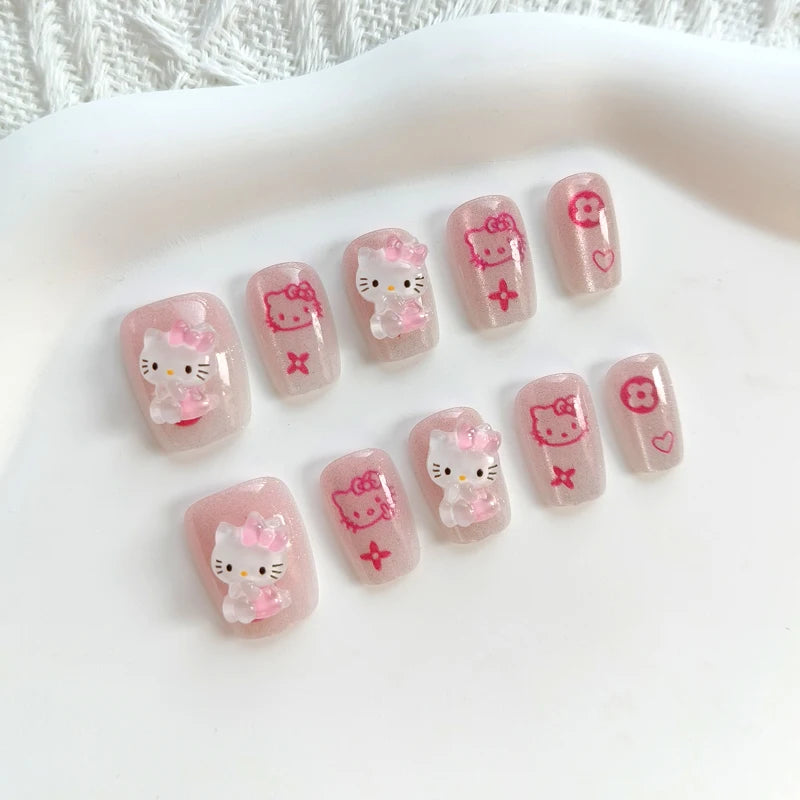 10Pcs Hello Kitty Press-On Nails – Cat Eye French Short False Nails – Handmade Wearable Manicure Nail Tips Set for Girls