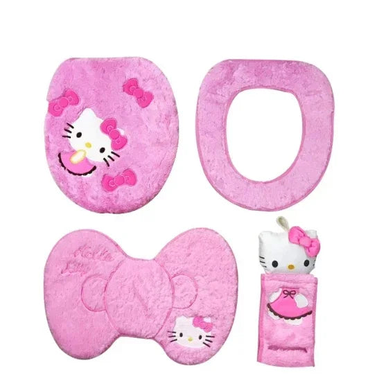 Hello Kitty 3-Piece Toilet Seat Cushion Set – Sanrio Plush Winter Bathroom Cover Set for Home Use