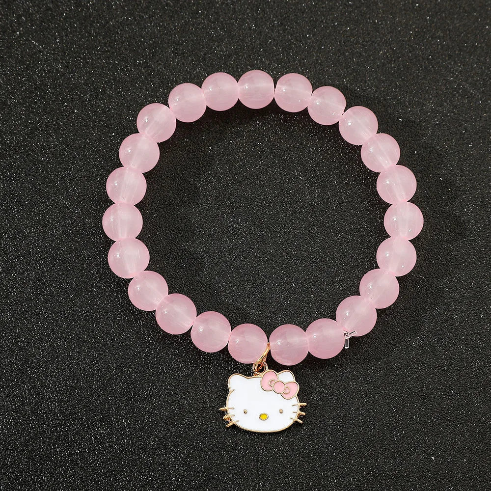Hello Kitty Pink Glass Beaded Bracelet - Cute Cat Charm Pendant, Elastic Crystal Beads, Kawaii Jewelry Gift for Girls & Fans