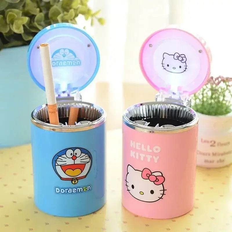 Hello Kitty LED Light-Up Car Ashtray – Cute Kawaii Cartoon Decor with Lid for Car Interior